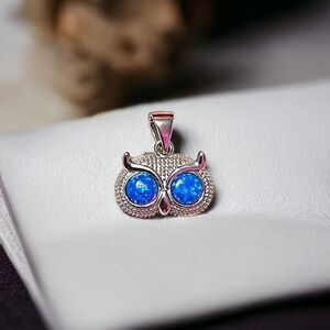 Sterling Silver Blue Fire Opal Owl Pendant Marked 925 NWOT